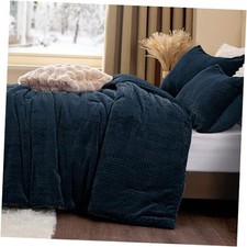 Flannel Fleece Comforter King Set - Furry Navy Leaves King 102"x90" Blue