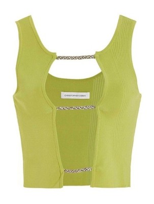 Christopher Esber Crystal Lattice Front Knit Tank Top in Green