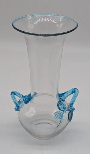 Steuben Mat-su-no-ke  Art Glass Vase Clear w/ Blue Cintra Handles & Lip Wrap NR