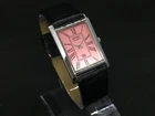 Vintage Seiko Slim Tank Quartz Pink Roman Dial Black Leather Strap Wrist Watch