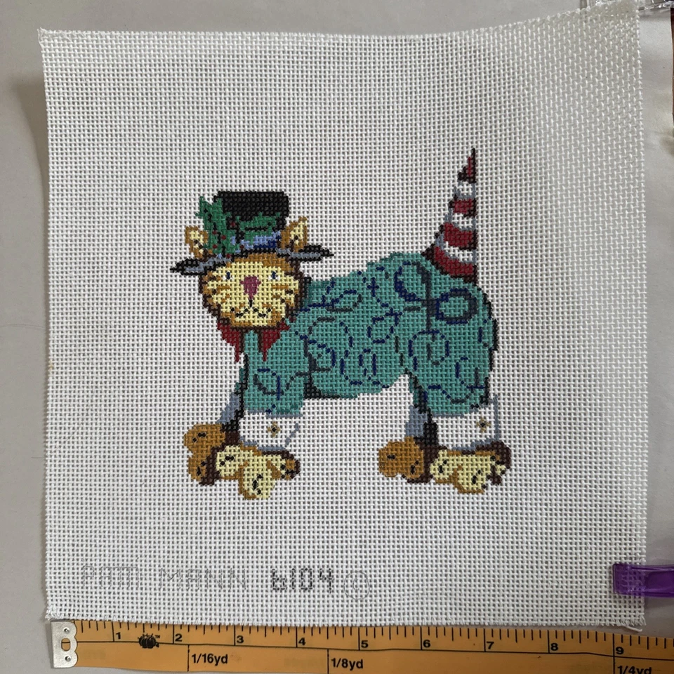 Needlepoint Canvas Christmas Cat La Jolla Santa Hat Patti Mann VG Unused - Image 2 of 3