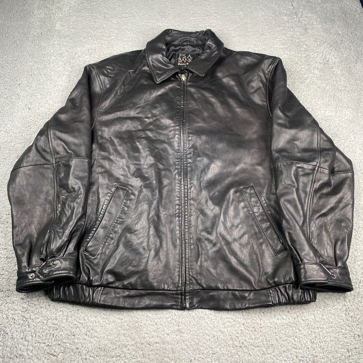 Jos A Bank Leather Jacket Mens XL Black Full Zip Signature