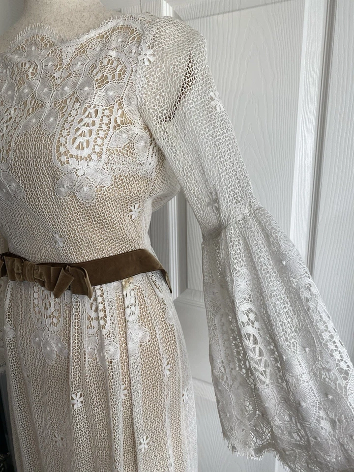 Vtg Handmade Lace White Lined Maxi Attached Belt Bow Dress Bell Sleeve Boho - Image 3 of 4
