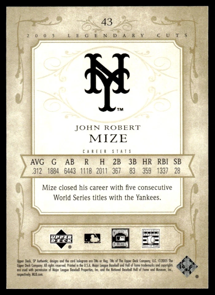 2005 SP Legendary Cuts Johnny Mize New York Giants #43 - Image 2 of 2