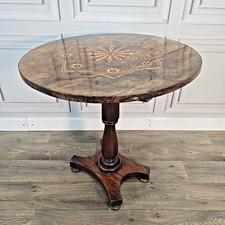 Antique Tilt Top Table – Side Inlaid Marquetry Top – Pedestal Base - Window Lamp