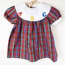 Vintage 90s Plaid Dress Kids 4T Red Blue ABC Bib Collar Tartan School