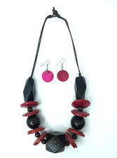 Boho Chunky Wooden Bead Necklace Earrings Set Pink/Brown Adjustable