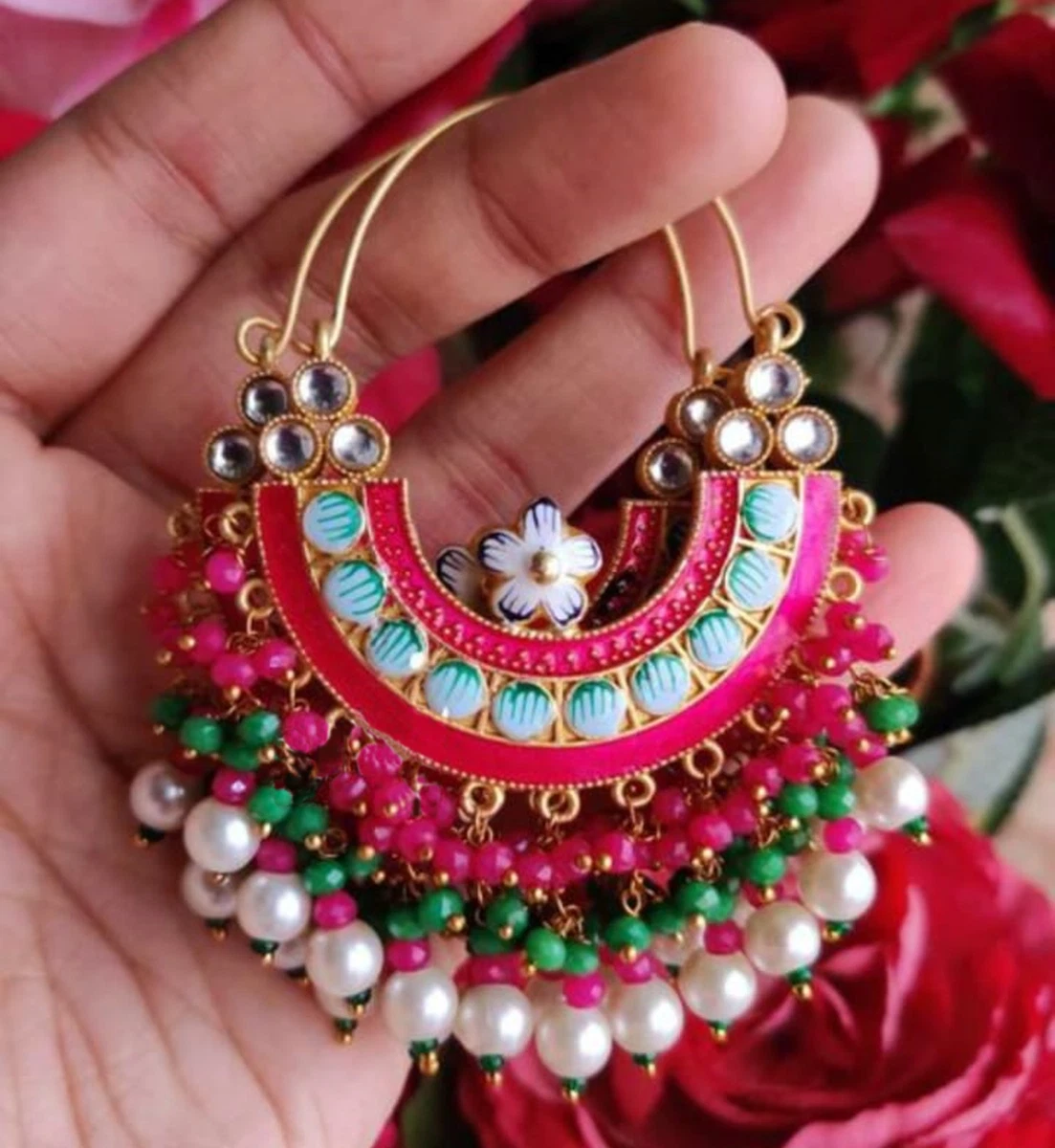 Indian Bollywood Style Hot Pink Enameled Pearl Jhumka Earrings Girls  Jewelry Set