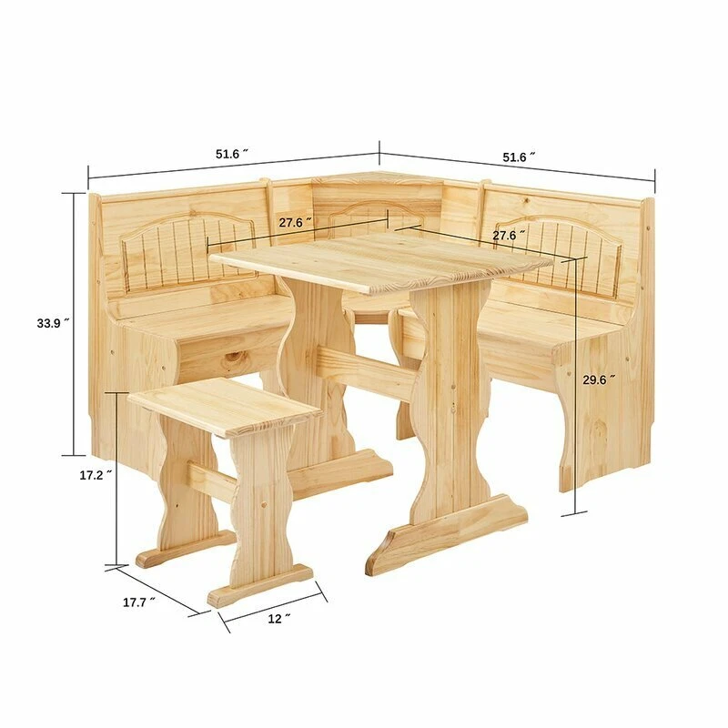 3 pc Natural Wooden Breakfast Nook Kitchen Dining Set Corner Booth Bench Table - Image 2 of 2