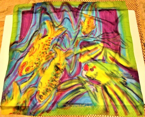 FOULARD EN SOIE à prix réduit POISSON peint à la main Jennifer Henley FISH grosse lèvre truite perroquet 1992