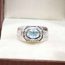 Aquamarine Oval Cut Gemstone With 925 Sterling Silver Ring For Men's #A769 *