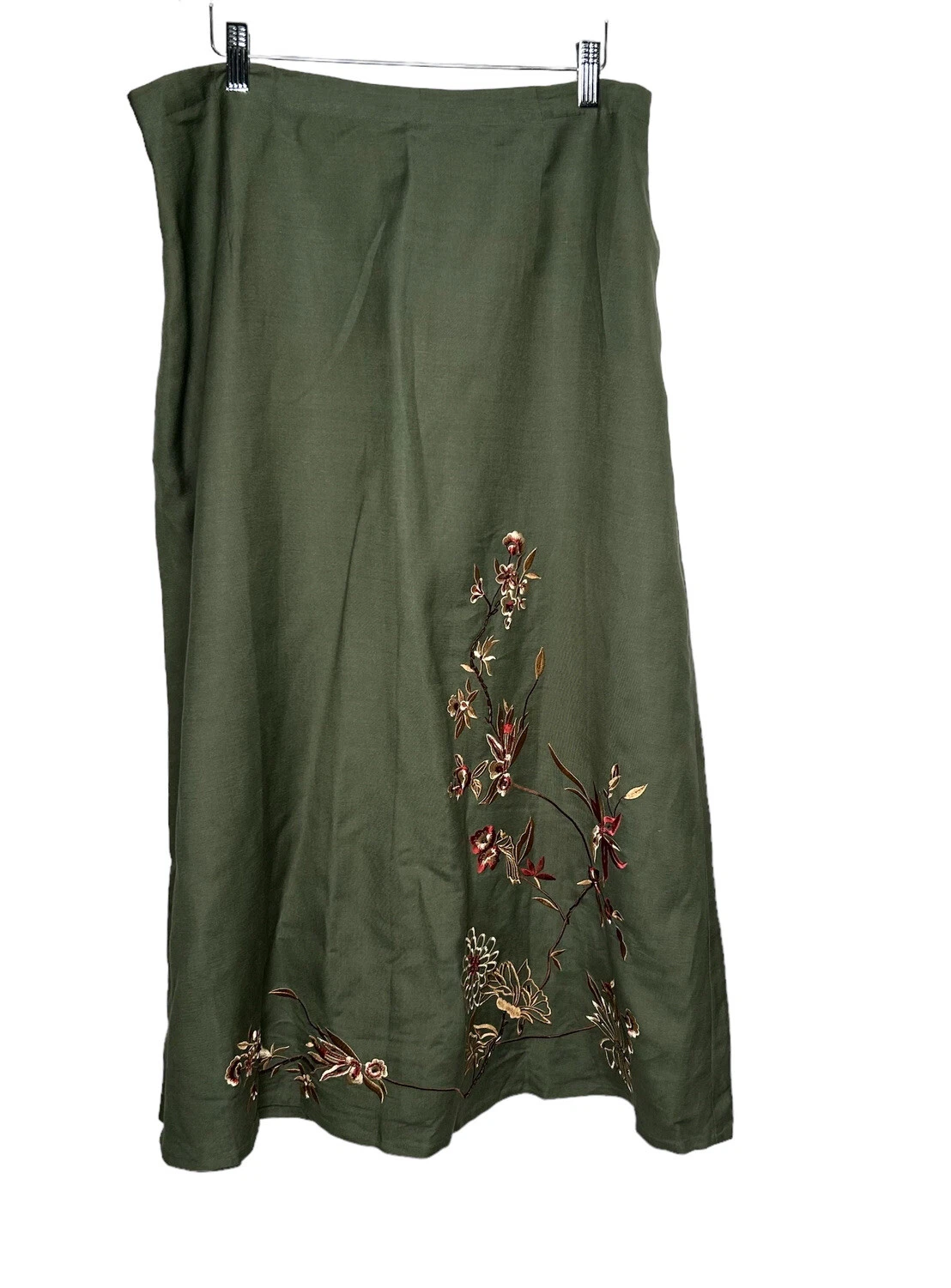 New Dialogue Women’s Linen Blend Long Skirt 1X Green Fall Embroidered BNWT