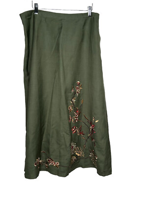 New Dialogue Women s Linen Blend Long Skirt 1X Green Fall Embroidered BNWT