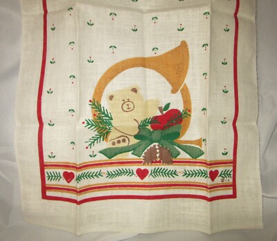 Vintage Linen Towel Bear Bow Horn & Hearts Holiday? Nice!