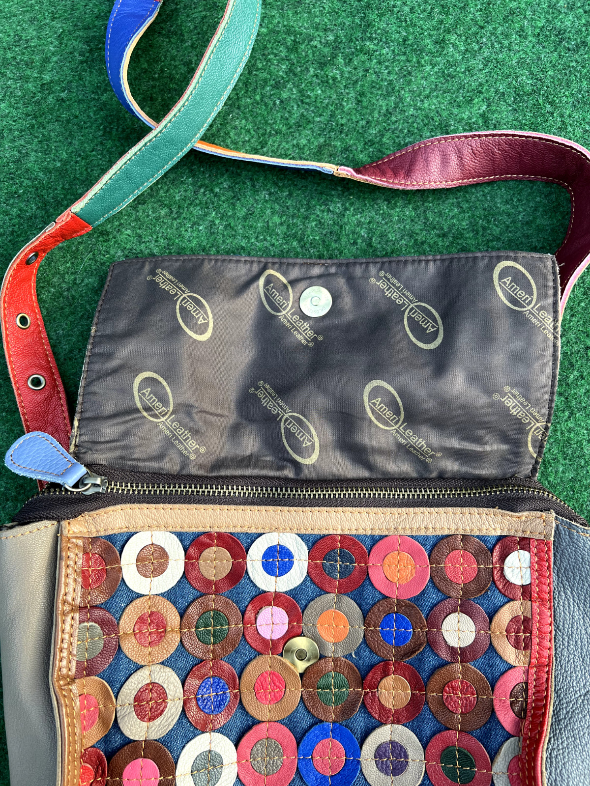 AmeriLeather Leather Patchwork Circles Crossbody … - image 6