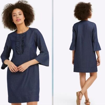 Draper James Chambray Ruffle 3/4 Bell Sleeve Shift Cotton Dress Dark Wash  Size
