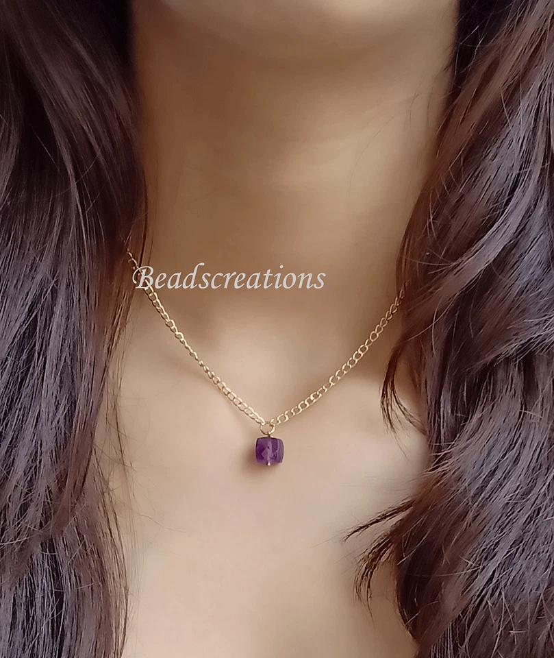 925 Sterling Silver Natural Amethyst Box Beads Chain Necklace For Christmas Gift - Изображение 4 из 4