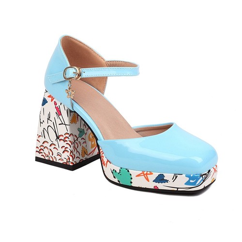 Sandali donna tacco a blocco scarpe stampa plateau punta quadrata moda coreana - Foto 7 di 23