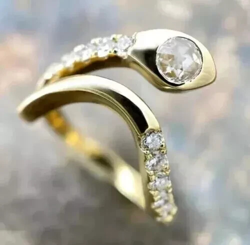 1.20 Ct Round Cut Lab-Created Diamond Women Snake Ring 14k Yellow Gold Plated - Picture 1 of 4