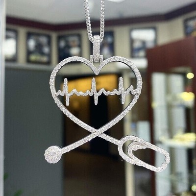 2Ct Round Cut Moissanite Love Heart Beat Charm Pendant Real 925 Sterling Silver