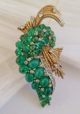 Ciner Silver & Gold Tone Green Cabochon & White Rhinestones Brooch - Estate
