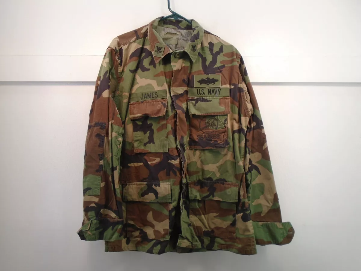 USGI USN Navy Seabees Woodland BDU Coat Shirt Size Medium Regular James 1999 8 J