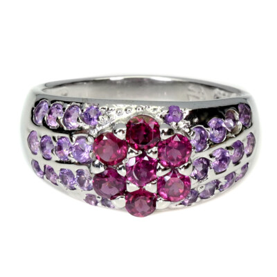 Valentine 925 Silver Ring Round Rhodolite Garnet Amethyst Gemstone Jewelry