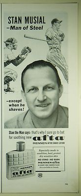 Vintage 1964 MENNEN AFTA AFTER SHAVE 1/2 Pg Lg Magazine Print Ad: STAN MUSIAL