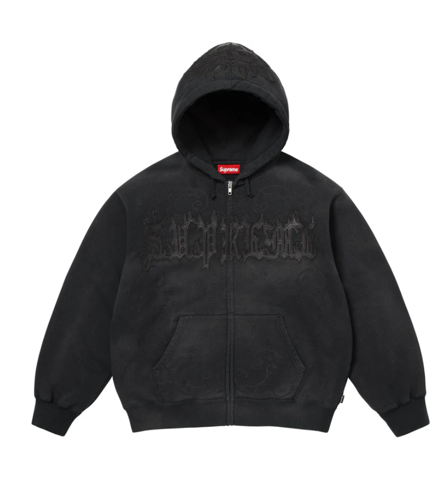 New Supreme Leather Applique Zip Up Hooded Sweatshirt Black