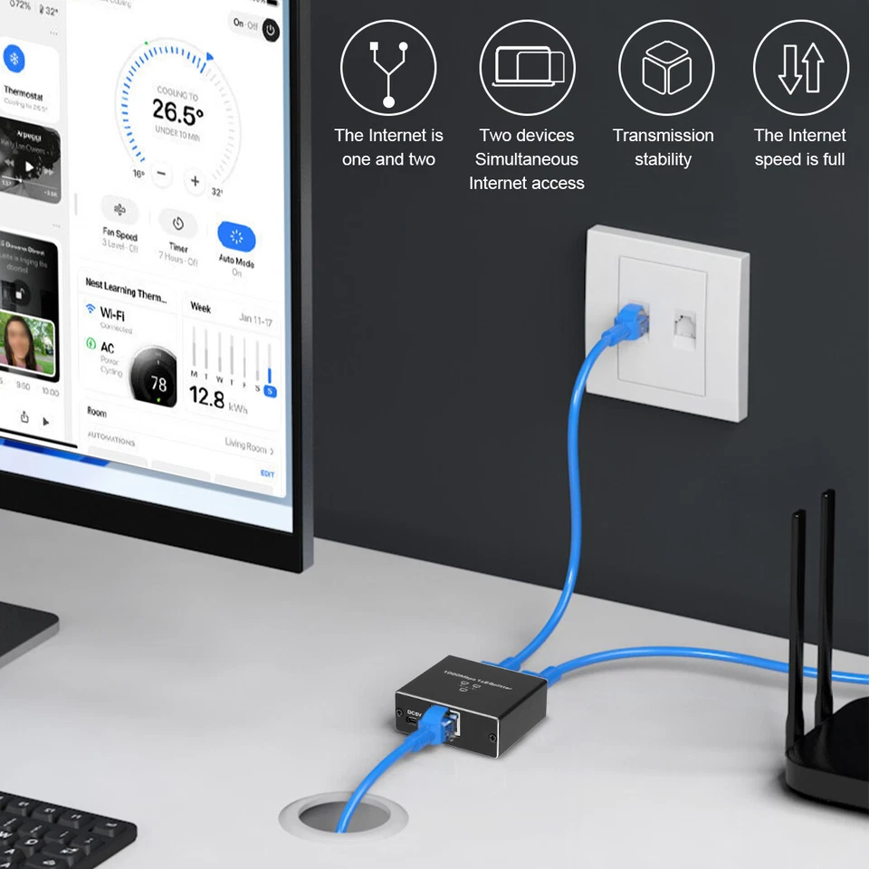 RJ45 Gigabit Ethernet Splitter 1000Mbps LAN Network Internet 1 to 2 Out Adapter - Image 4 of 4