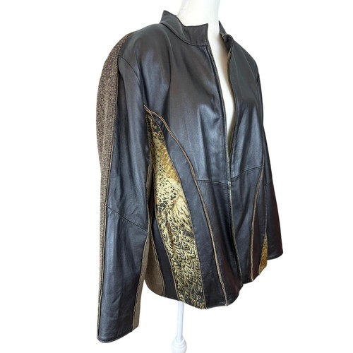 Vintage Koos of Course Leather Jacket Cheetah Blazer Tweed Biker 2XL y2k 90s - Picture 5 of 17
