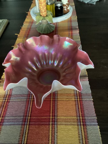 Vintage Fenton Pink /Clam Shell Colored Ruffled Edge Fruit / Decorative Bowl 12” - Picture 4 of 13