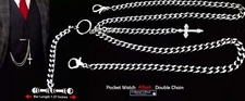 Stainless Steel Pocket Watch Albert Double Chain With Cross Fob and T-Bar
