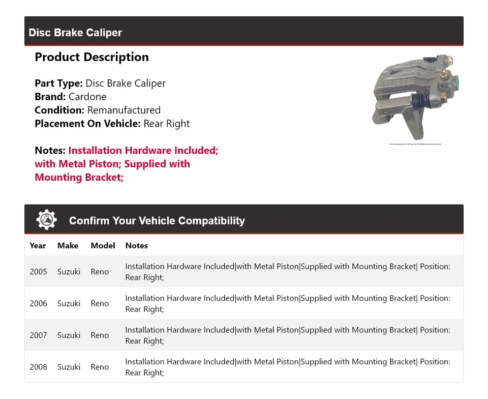 Pinza de freno de disco trasera derecha cardone 2006 2007 para Suzuki Reno 2005-2008 Foto 2 de 4