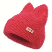Adorable Hot Pink Cat Beanie Hat w Ears Warm Soft Kitty Knit Beanie