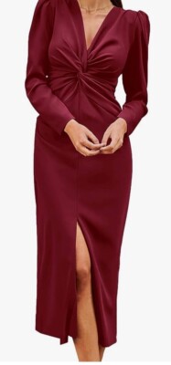 Pretty Garden Wine Red L Vneck Twist Maxi Party Dress Slit Stretch Long  Sleeve