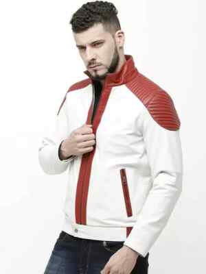 Leather Men's Jacket Stylish White & Red Handmade Lambskin Genuine Casual Party