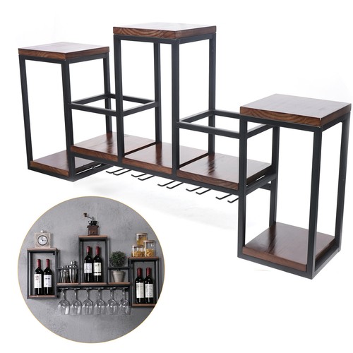 Estante de vino de pared vintage con soporte de vidrio madera metal soporte de botella de vino estante de almacenamiento - Imagen 2 de 12