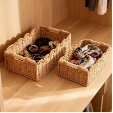 Woven Paper Rope Storage Baskets Organizer Bins w/Wooden Handles 30 12.5 7.5cm