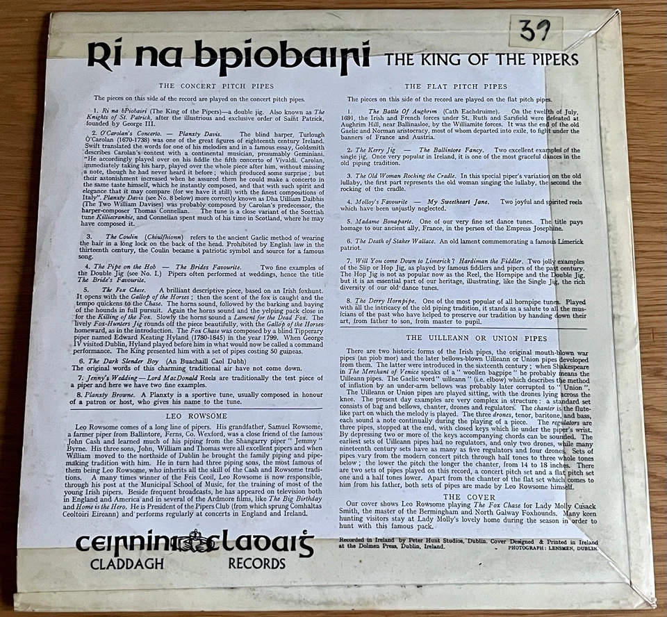 Leo Rowsome - The King Of The Pipers LP VINYL CLADDAGH RECORDS CELTIC FOLK - Image 2 of 4