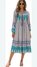 R. Vivimos Women's Small Boho Dress  “nightgown” Floral Paisley Tassel
