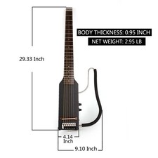 Electric mini travel silent headless guitar satin black piezo bridge gigbag