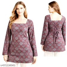 Women Cotton long SLEEVES Trendy square neck latest trending short kurti