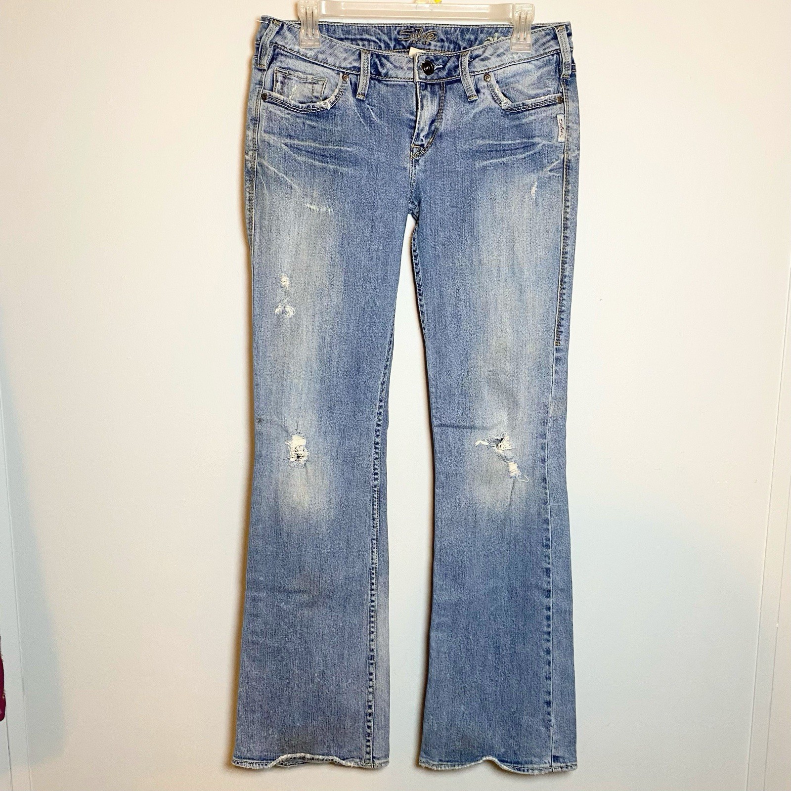Silver Jeans Alex Womens Blue Denim Light Wash Boot Cut Distressed sz 29x31”