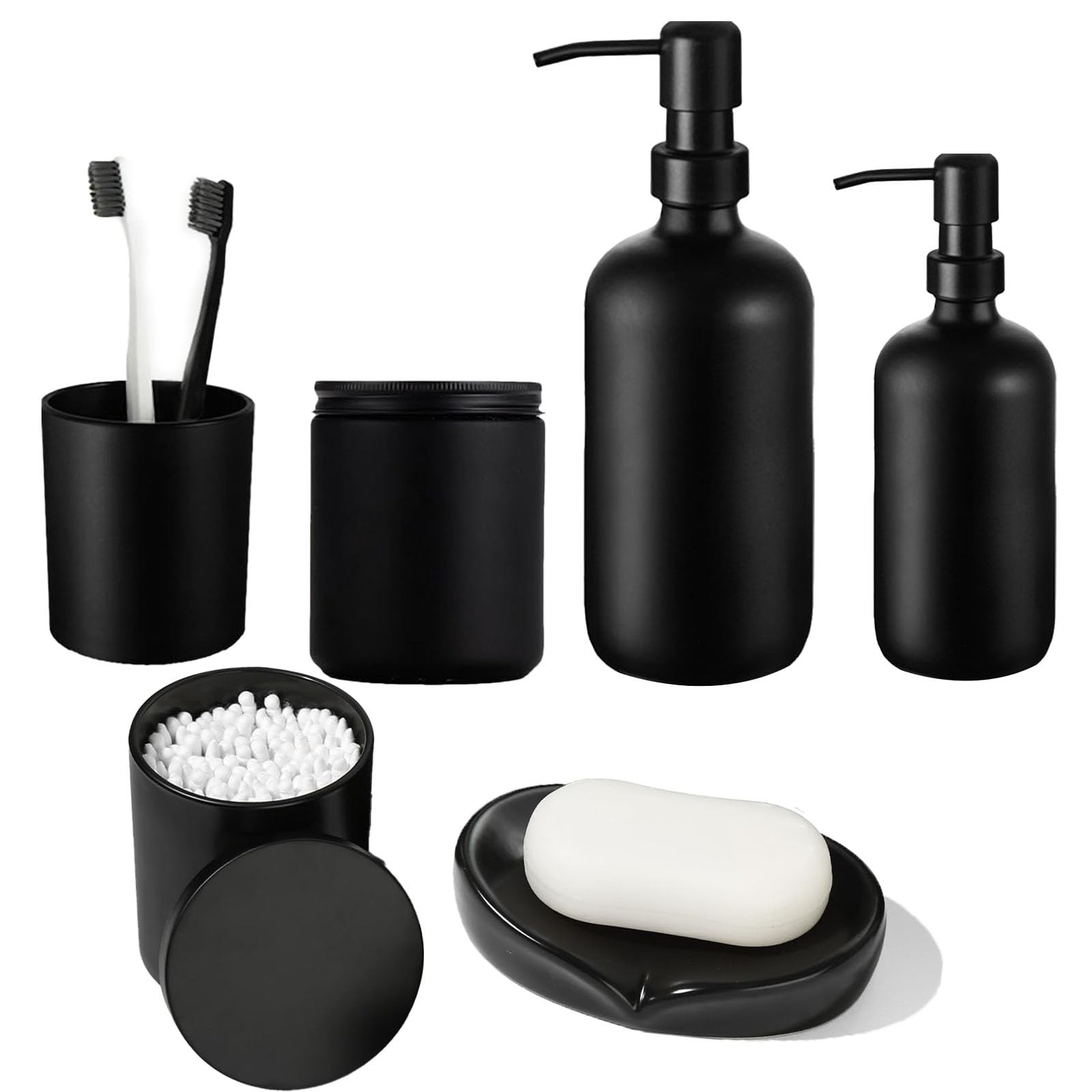 6 Pack Matte Black Bathroom Accessories Set, Glass Soap Dispenser and Toothbr...