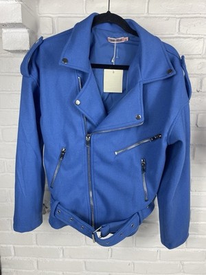 Skylar Rose blue moto jacket Large belted zip front structured coat