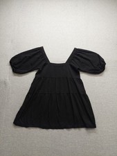 Shine Stars Women Mini Dress L Black 100% Rayon Short Sleeve Tiered Smock Boho