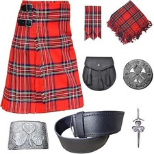 Scottish Traditional 8 Yards Tartan Kilt Outfit for Men Royal Stewart, 34 