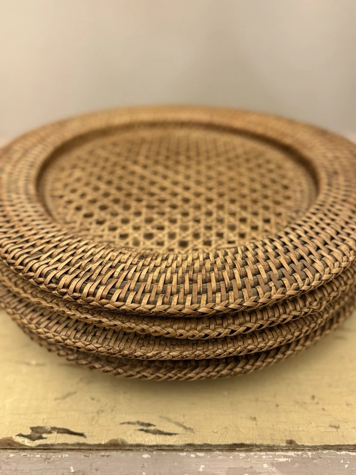 "Juego de 4 platos cargadores de mimbre tejido ratán vintage decoración de mesa boho moderna 12,5""" Foto 3 de 4