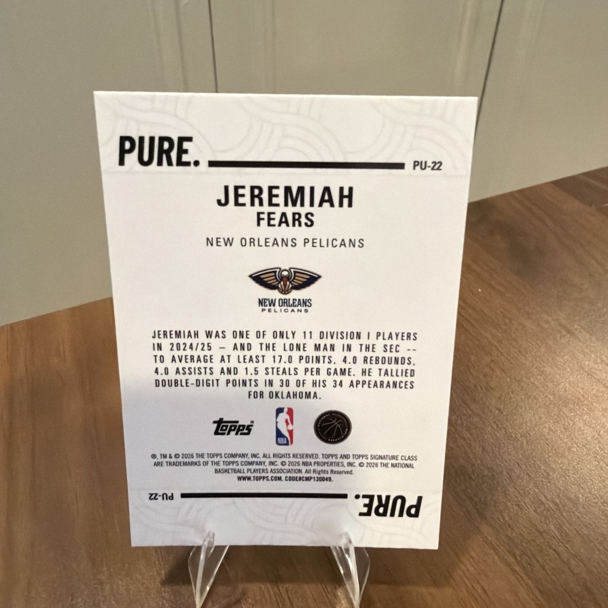 ★ＵＳオリジナル盤★THE PLAYERS ASSOCIATION Topps 2026 Signature Class PURE Jeremiah Fears RC #PU-22 New